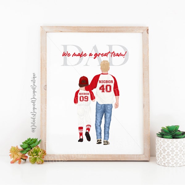 DAD We Make a Great Team - 8"x10" Art Print digital file  - Father's Day Gift - Father and Son / Daughter Baseball theme illustration