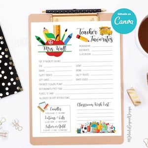 Editable in Canva - Teacher Favorites - detailed questionnaire - Teacher appreciation - Survey 8&quot;x10&quot;- printable - INSTANT DOWNLOAD