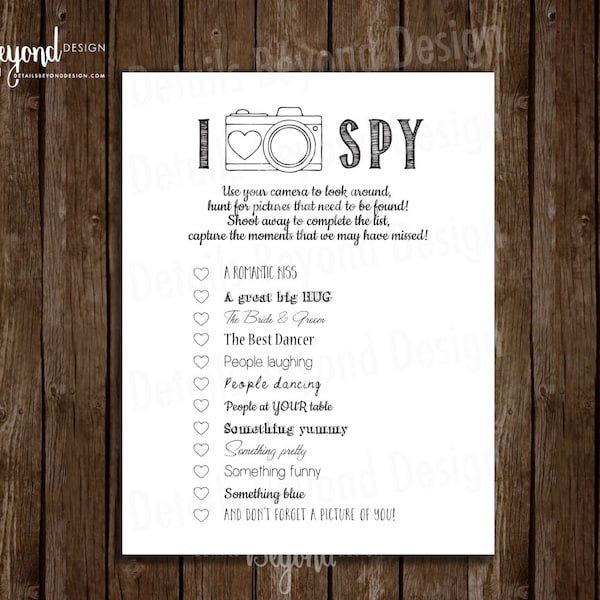 I SPY Wedding Photography Game - Children's Game card - Photo scavenger hunt checkoff list - Instant Download - PDF - Printable Digital File
