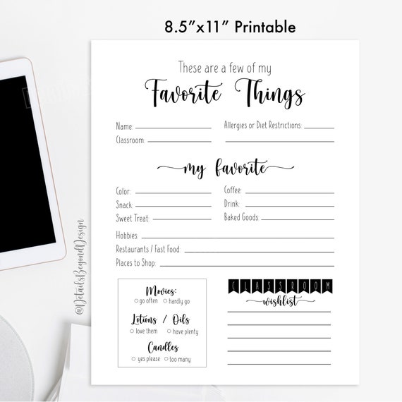 My Favorite Things - Teacher questionnaire - Survey 8"x10" Teacher ...
