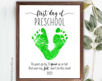 First Day of Preschool 2022 - Footprint art project - Back to School - Printable Sign - 8"x10" - Add students handprint - Memory