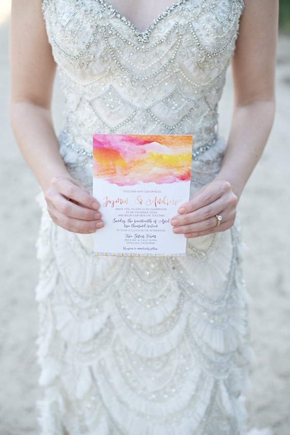 Watercolor Flat Wedding Invitation on White Pearlescent Linen Cardstock