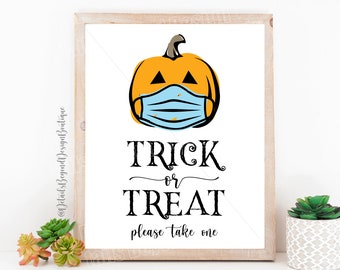 Trick or Treat Please Take One - Masked Pumpkin - Masked Jack-o-lantern - Halloween trick or treat bowl printable - Instant Download 8x10