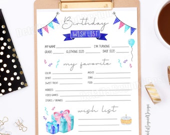 Birthday Wish List - My Favorite Things -  detailed questionnaire - Survey 8"x10" Gift Exchange - PDF jpeg - INSTANT DOWNLOAD