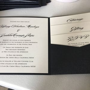 Elegant Black and Cream Pocketfold wedding invitation printed on linen pearlescent cardstock and and complete with a Satin bow image 4