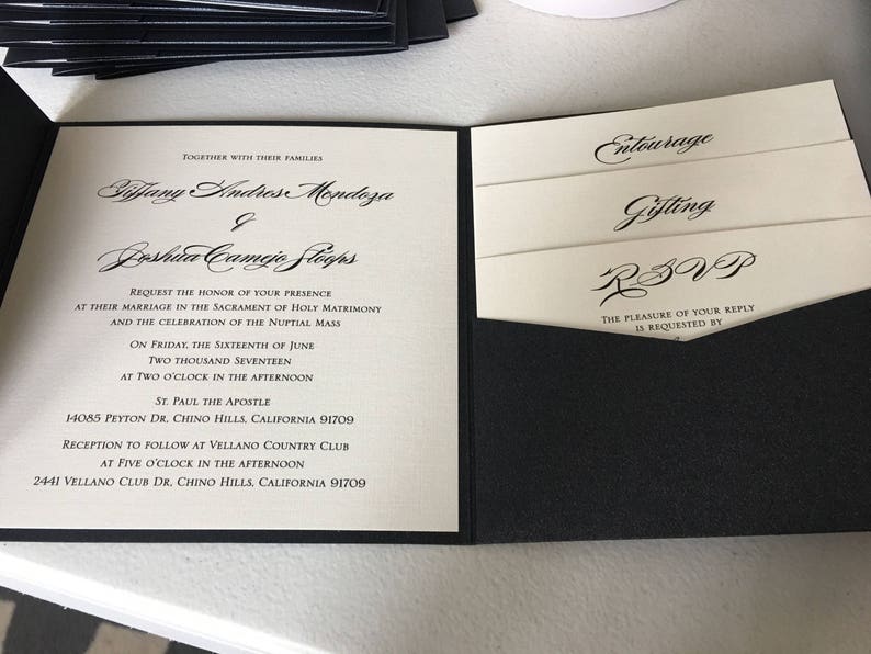 Elegant Black and Cream Pocketfold wedding invitation printed on linen pearlescent cardstock and and complete with a Satin bow image 4