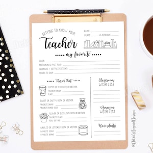 Teacher Appreciation - Getting to know your teacher - Favorite Things questionnaire - Survey 8"x10" printable - PDF jpeg - INSTANT DOWNLOAD