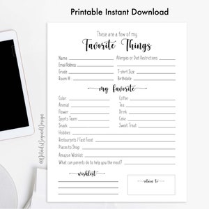My Favorite Things -  classroom questionnaire - School Survey 8&quot;x10&quot; Gift Exchange - Ideas - printable - PDF jpeg - Digital File