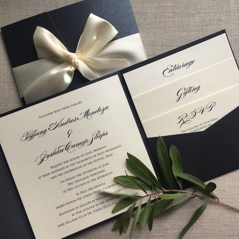 Elegant Black and Cream Pocketfold wedding invitation printed on linen pearlescent cardstock and and complete with a Satin bow image 1