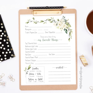 Pampering Personal Shower Floral Questionnaire - My Favorite Things - Survey 8&quot;x10&quot; Gift Ideas - printable - PDF jpeg - INSTANT DOWNLOAD