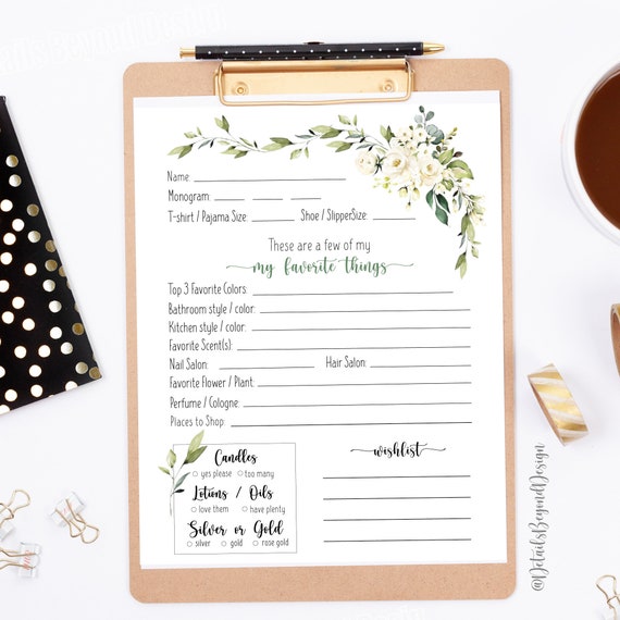 Pampering Personal Shower Floral Questionnaire My Favorite Etsy