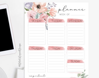 Dusty Rose Printable Weekly Schedule - Blank Schedule - Weekly Calendar - Weekly Planner Page Instant Download PDf and JPEG 8.5"x11