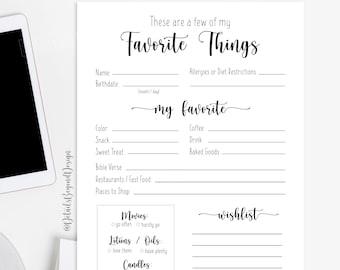 My Favorite Things Questionnaire Survey 8x10 | Etsy