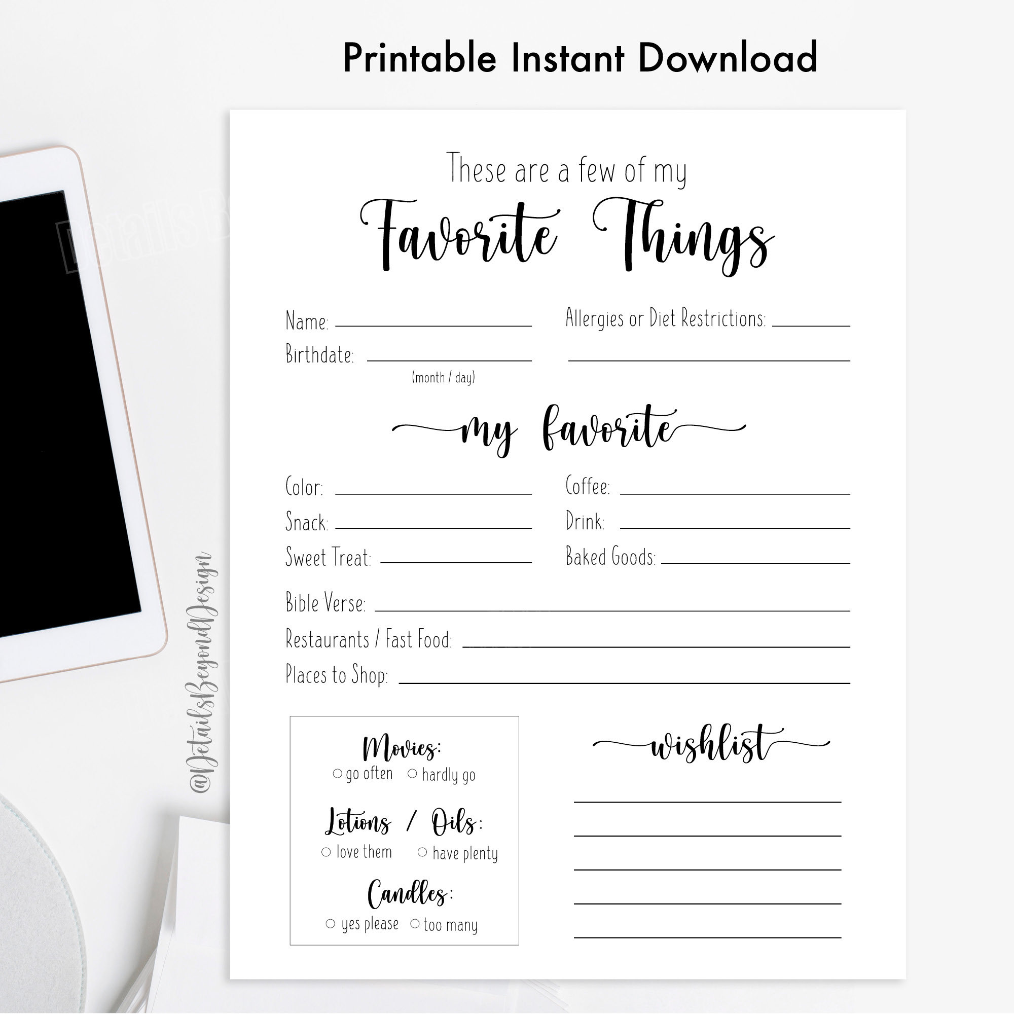 My Favorite Things Questionnaire Survey 8x10 Gift Exchange Ideas