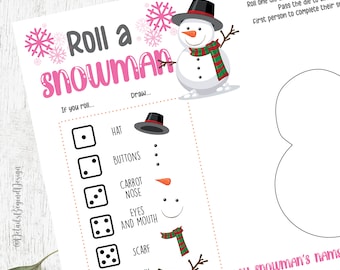 Holiday Roll a Snowman Dice Game - Children's Game card - build / Draw a Snowman kid friendly game - class game- Instant Download - PDF JPEG