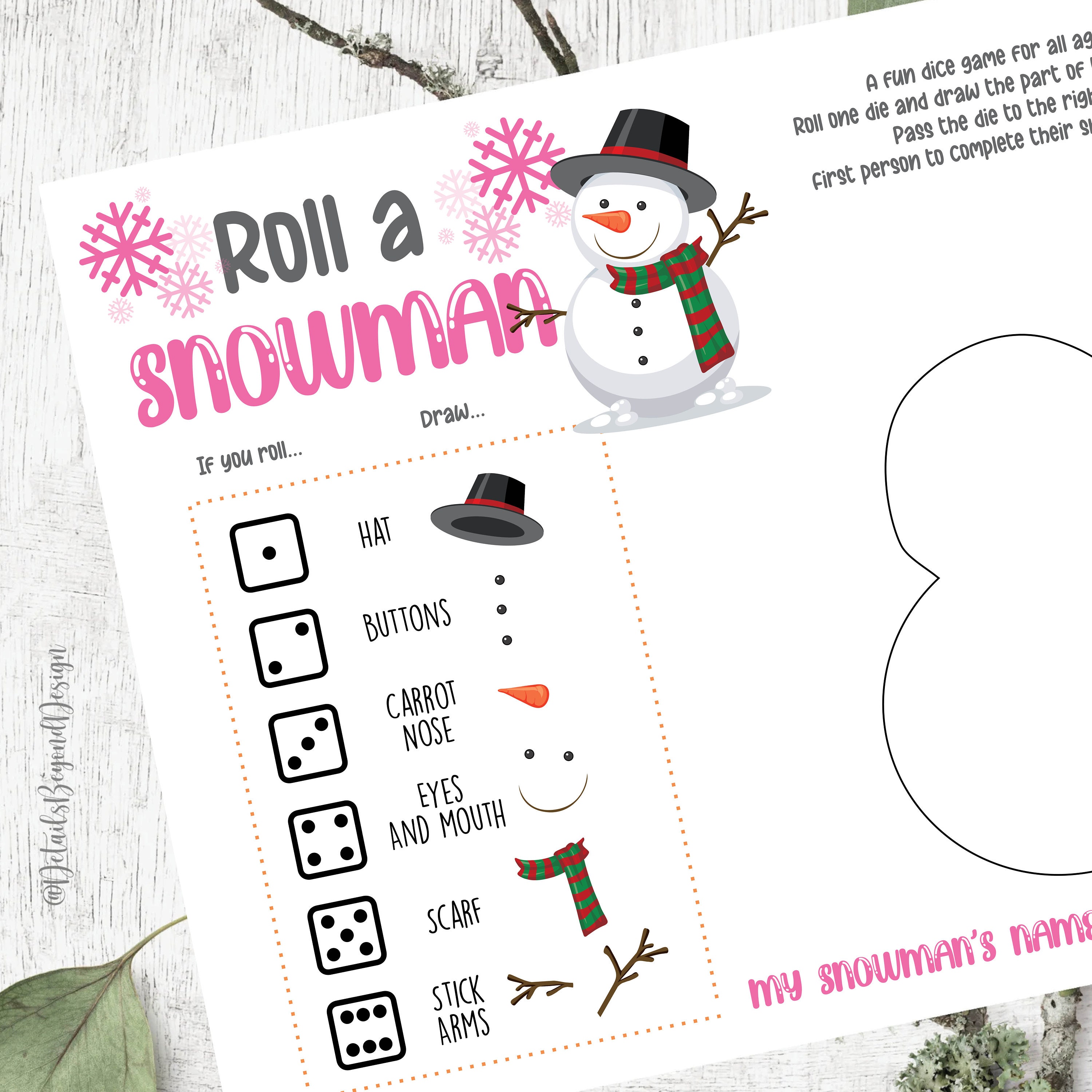 Holiday Roll a Snowman Dice Game - Children's Game card - build / Draw a Snowman kid friendly game - class game- Instant Download - PDF JPEG