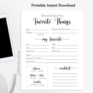 My Favorite Things -  questionnaire - Survey 8"x10" Gift Exchange - Ideas - printable - PDF jpeg - INSTANT DOWNLOAD