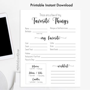 Editable en Canva - Mis cosas favoritas - cuestionario - Encuesta 8"x10" Intercambio de regalos - Ideas - imprimible - PDF jpeg - DESCARGA INSTANTE