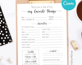 May include: A printable "My Favorite Things" template on a clipboard. The template includes sections for personal details, favorite colors, snacks, and a wishlist. The text "Editable on Canva" is in a blue circle.