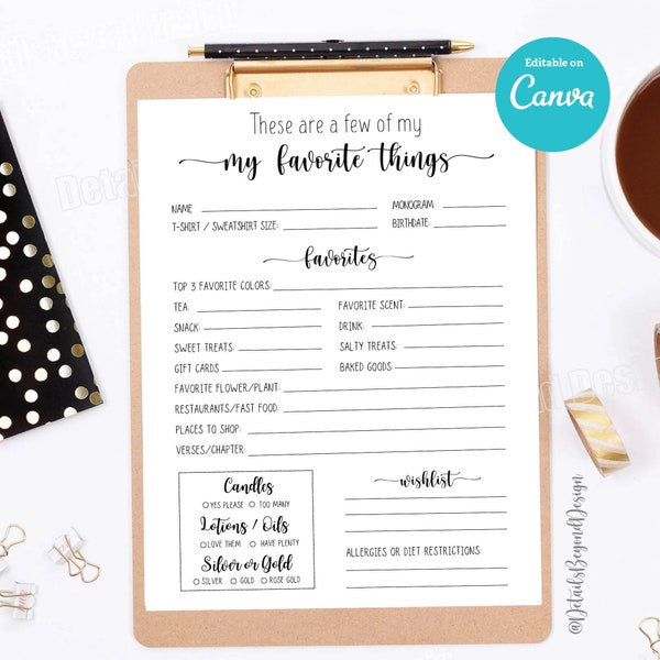 Editable on Canva - My Favorite Things Details questionnaire 8.5"x11" Gift Exchange - Ideas - printable - PDF jpeg - INSTANT DOWNLOAD