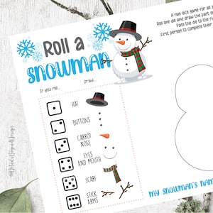 May include: A printable game board for a snowman building game. The board has a snowman with a hat, buttons, carrot nose, eyes, mouth, scarf, and stick arms. The game includes a blank snowman outline for players to draw on.