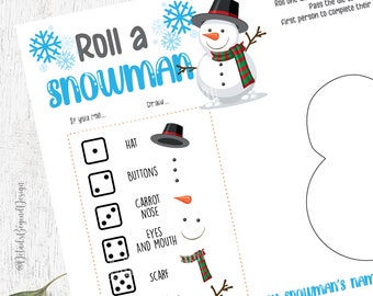 Holiday Roll a Snowman Dice Game - Children&#39;s Game card - build / Draw a Snowman kid friendly game - class game- Instant Download - PDF JPEG