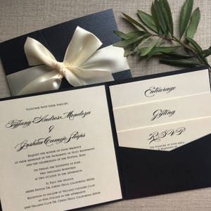 Elegant Black and Cream Pocketfold wedding invitation printed on linen pearlescent cardstock and and complete with a Satin bow image 3