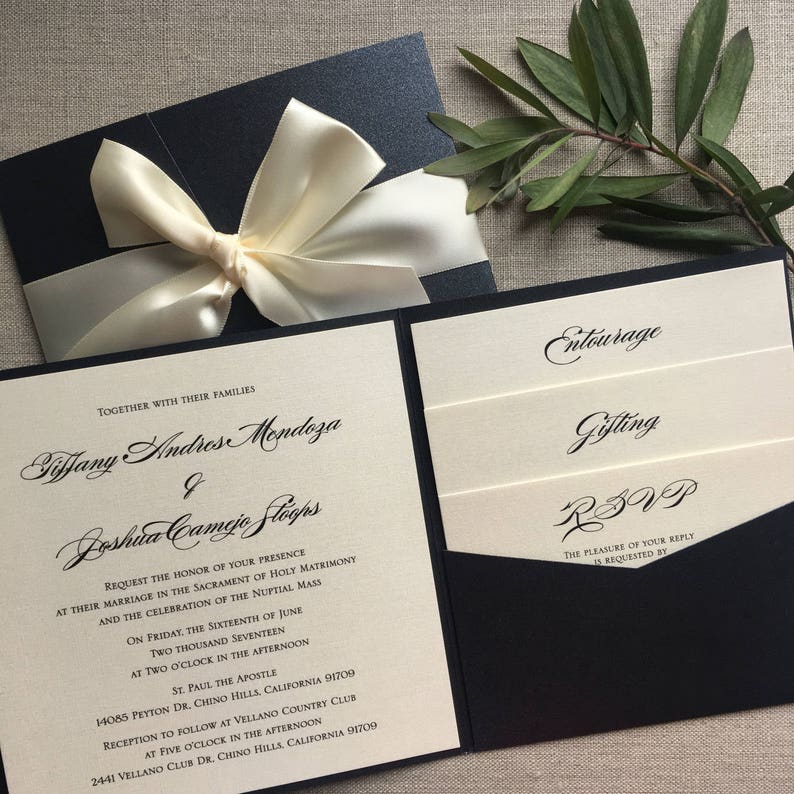 Elegant Black and Cream Pocketfold wedding invitation printed on linen pearlescent cardstock and and complete with a Satin bow image 3