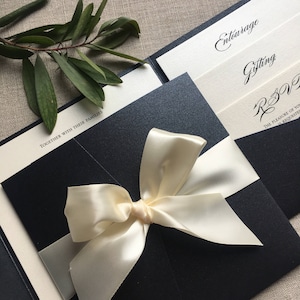 Elegant Black and Cream Pocketfold wedding invitation printed on linen pearlescent cardstock and and complete with a Satin bow image 2