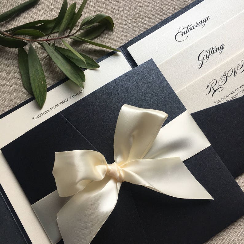 Elegant Black and Cream Pocketfold wedding invitation printed on linen pearlescent cardstock and and complete with a Satin bow image 2