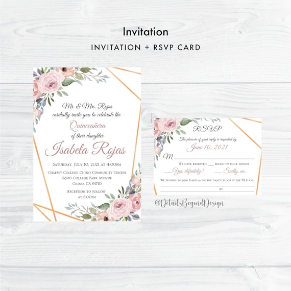 Blush Floral Quinceanera / Wedding invitation and RSVP card - digital ...