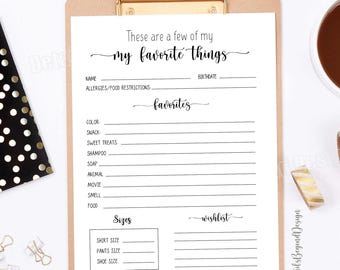 My Favorite Things -  questionnaire - Survey 8"x10" Gift Exchange - Ideas - printable - PDF jpeg - INSTANT DOWNLOAD