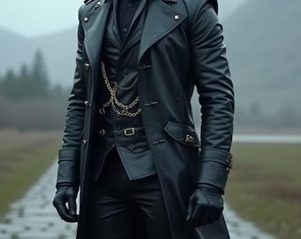 Black Premium Leather Trench Coat Set | Men Double Breasted Gothic Jacket | Renaissance Chain Accent Waist | Steampunk Formal Warrior Outfit