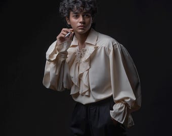 Renaissance Pirate Mens Shirt | Ruffled Victorian Poet Dress, Medieval LARP Costume Top, Festival Cosplay Blouse, Role Play Halloween Outfit