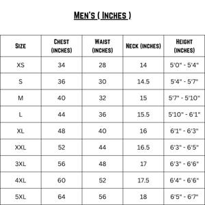 May include: A size chart for men's clothing with measurements in inches for chest, waist, neck, and height.