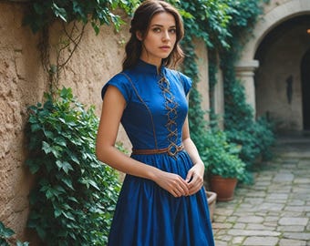 Personalized Blue Medieval Maiden Dress | Renaissance-Inspired Elegant Gown with Embroidered Details | Vintage Cosplay Costume for Women