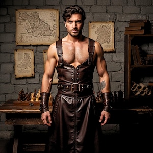 May include: A brown leather vest and skirt ensemble with a belt and suspenders. The outfit is worn with matching wrist cuffs. The background includes a chess set, maps, and a brick wall.