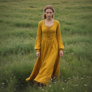 Women&#39;s Medieval Dress | Medieval Gown with Bell Sleeves | Mustard LARP Dress | Long Sleeve Cottagecore Gown | Renaissance Lace-Up Outfit