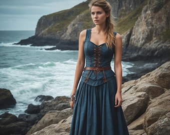 blue warrior dress Blue Viking Dress with Intricate Embroidery main image 1