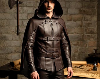 Leren mantel kostuum met capuchon en gesp | Middeleeuwse tuniekkleding met ceintuur | Leren harnasoutfit krijger
