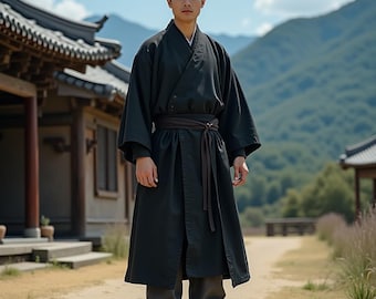 Black Samurai Kimono Robe for Men | Traditional Japanese Costume with Belt | Martial Arts Cultural Outfit | Historical Warrior Cosplay Garb