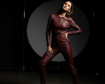 Women’s Burgundy Leather Jumpsuit Catsuit – Sleek Full Body Zip Up One-Piece, Long Sleeve Fitted Bodysuit for Night Events, Parties