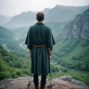 May include: A person wearing a long, dark green robe with a brown belt stands on a rocky cliff overlooking a valley. The valley is covered in lush green trees and a winding river.