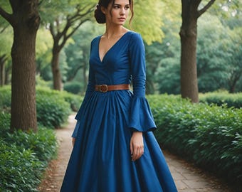 Elegant Blue Renaissance Gown | Medieval Festival Dress | Long Flared Sleeves Attire | Vintage Cosplay Outfit | Bridal Long Flowing Dress