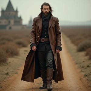 Men&#39;s Leather Long Trench Coat with Belted Waist | Medieval Steampunk Inspired Design | Renaissance Fair Costume | Premium Warrior Overcoat