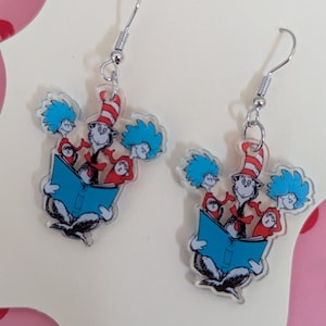 Dr Seuss Cat in the Hat, Thing 1 & Thing 2 - Ohrringe, Buchliebhaber Geschenk, Bücherwurm, Geschenk für Leser, Bibliothekar, Lehrer