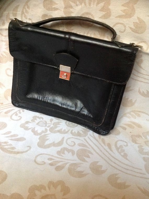 70s Briefcase Black Leather Attache Satchel Tote B