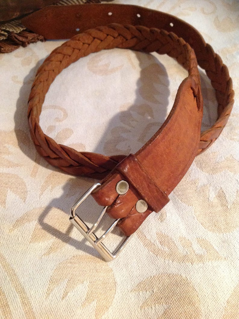 70s Woven Leather Belt Camel Cognac Brown Women Etsy