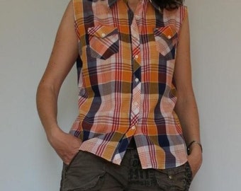 80s Orange Plaid Sleeveless Camp Shirt Top Tank Blouse M L Medium Large
