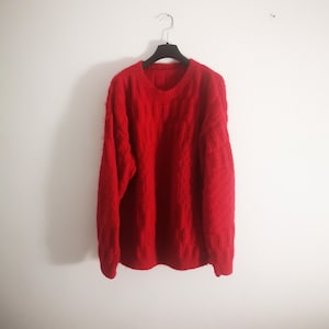 Vintage kersenrode trui vrouwen bordeaux kabelgebreide trui rode wollen trui wijnrode ronde hals oversized M Medium L Large